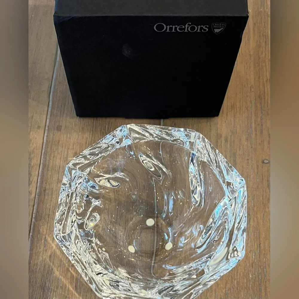 Vintage Orrefors Olle Iberius Design Crystal Swirl Octagon Bowl Signed NIB - Picture 2 of 12